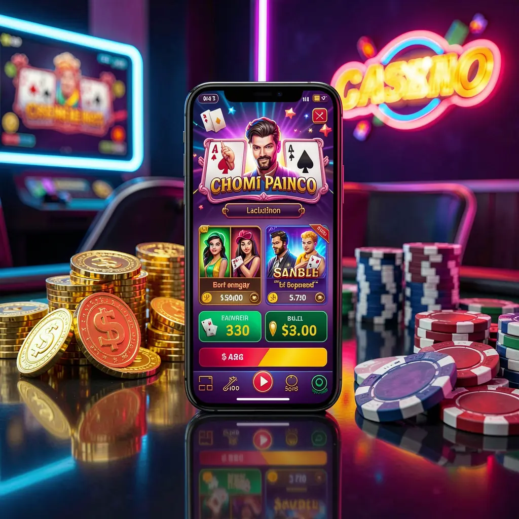 EX66 mobile casino dashboard on smartphone displaying colorful gaming interface with golden coins and poker chips on glossy table under elegant neon lighting