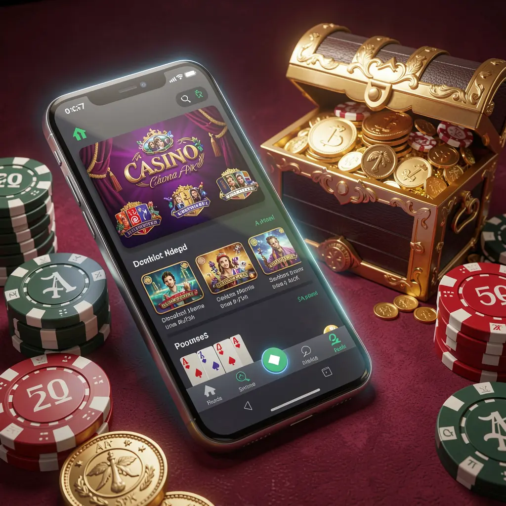 Glowing smartphone displaying EX66 Casino APK download screen with Android-style app layout, surrounded by treasure chest, chips, and coins in a luxury 3D render