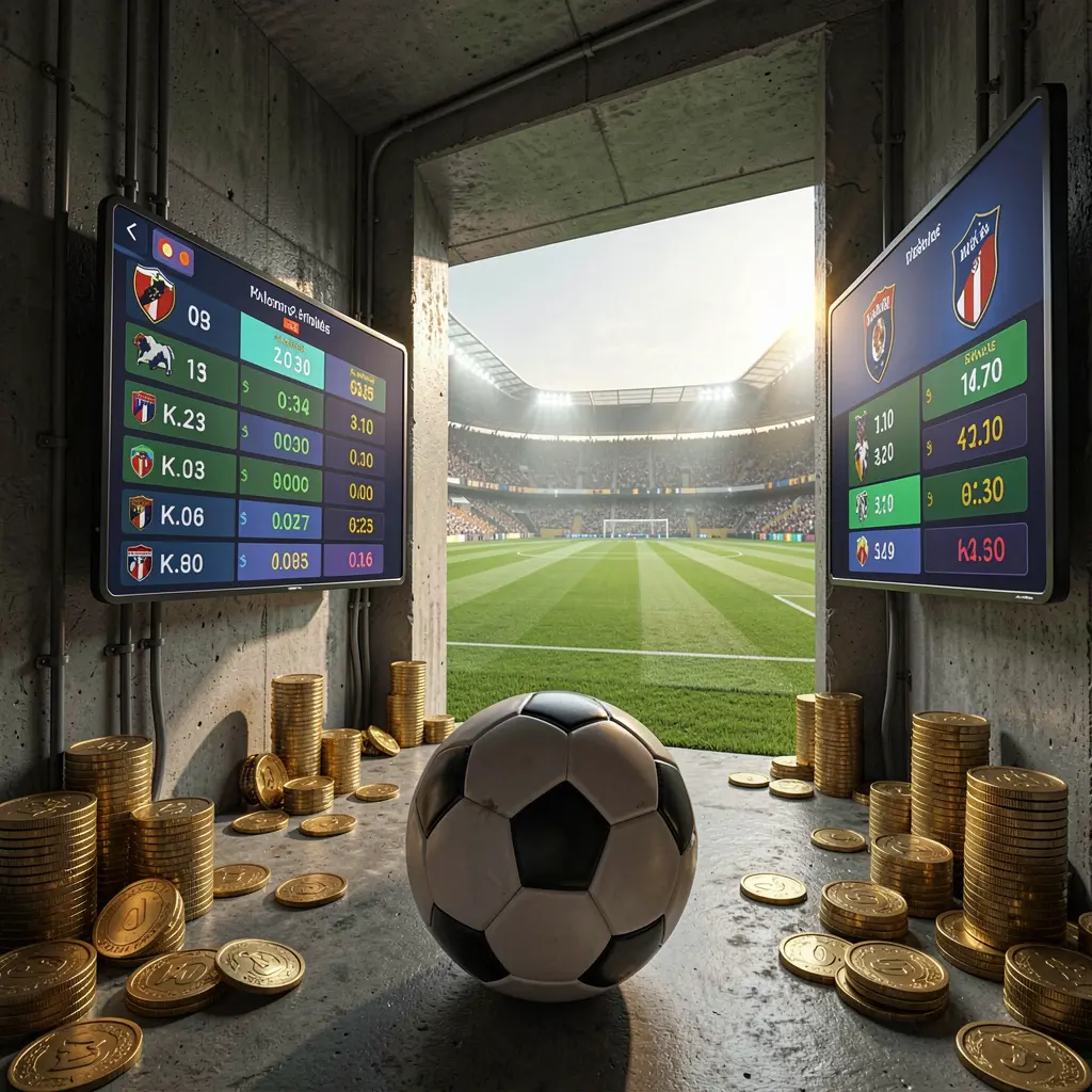 EX66 football betting platform scene showing a dramatic stadium tunnel opening to a bright field with a soccer ball in the foreground, digital odds graphics, and gold coins in a realistic cinematic render