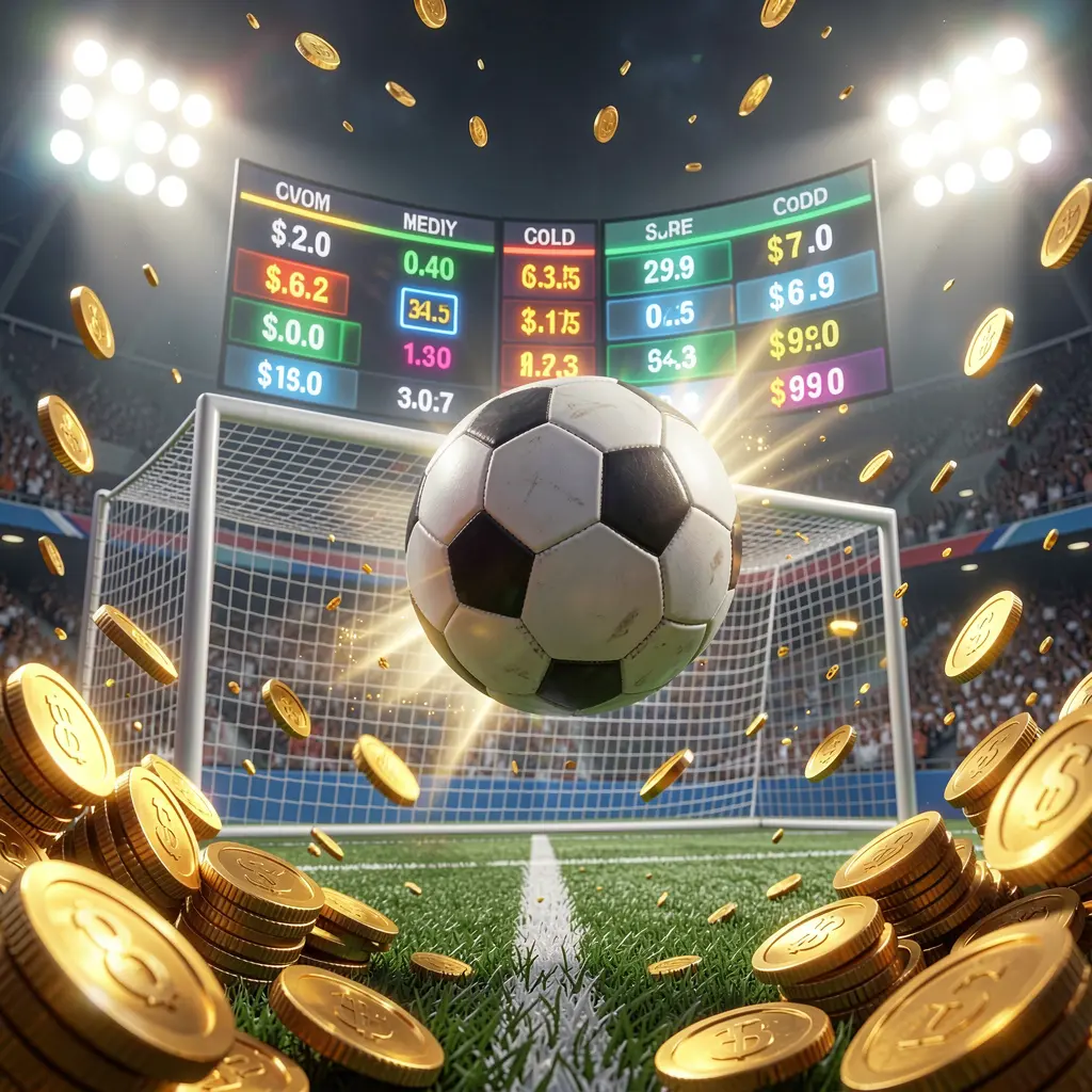 EX66 premium match betting visual showing a soccer ball flying toward the goal in a stadium with floodlights, glowing odds interface, and golden coins creating a dynamic sports betting atmosphere