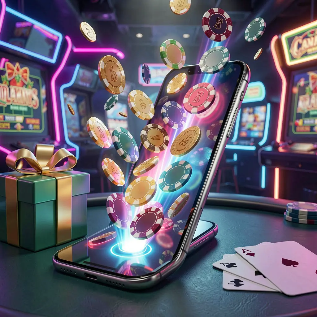 EX66 mobile casino bonus scene with a modern smartphone displaying glowing casino chips and coins emerging from the screen, surrounded by a gift box and playing cards in a bright neon casino atmosphere