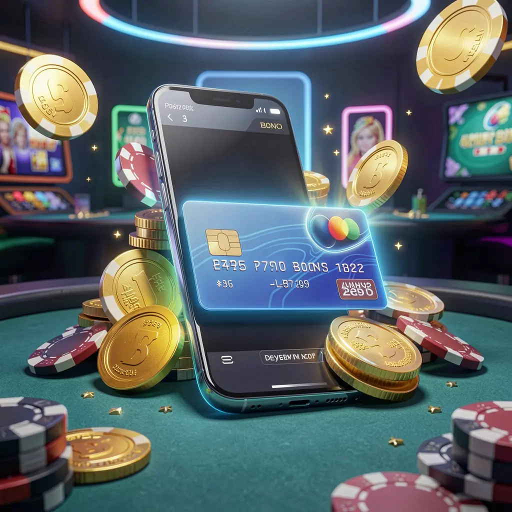 EX66 deposit bonus concept featuring a smartphone wallet with a glowing payment card, surrounded by golden coins and poker chips in a modern mobile casino style