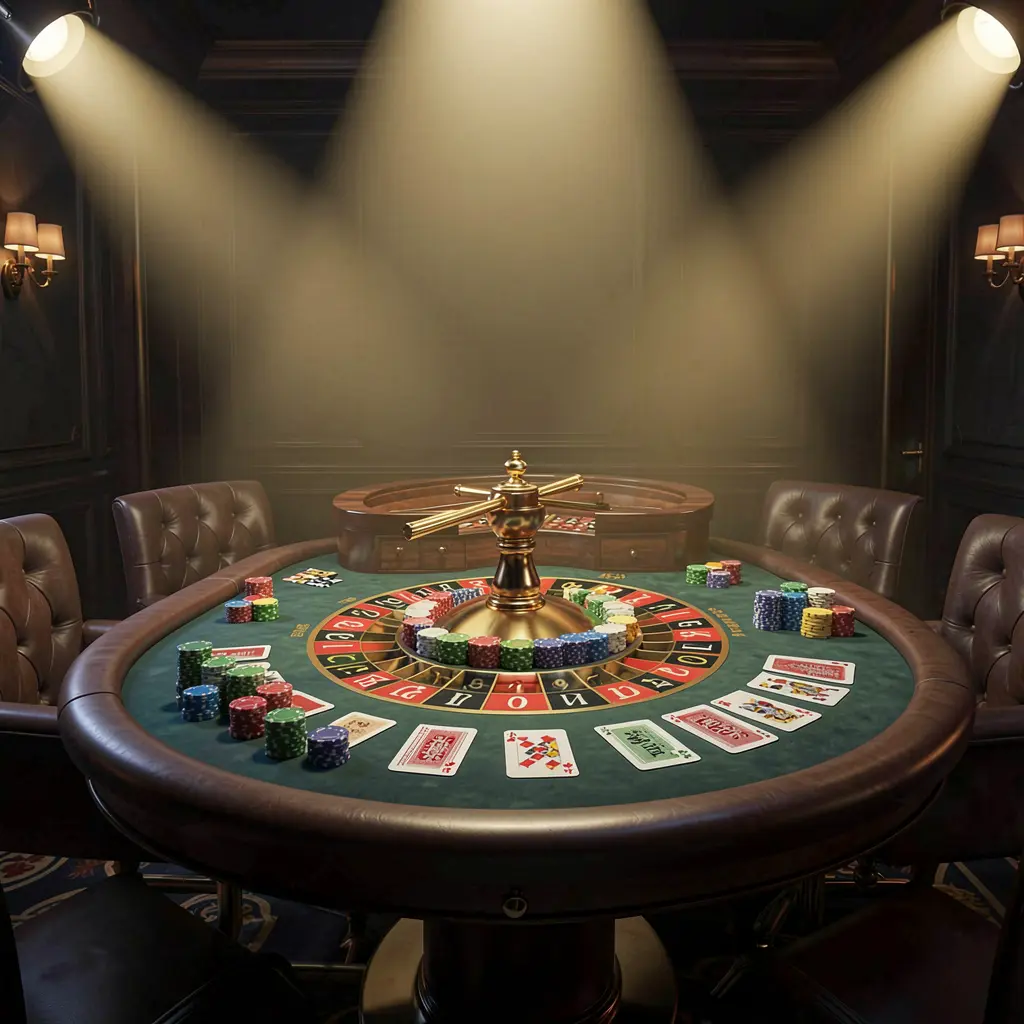 EX66 live casino scene featuring a roulette table, playing cards, and chips under glowing spotlights with a dark elegant background in a cinematic 3D style