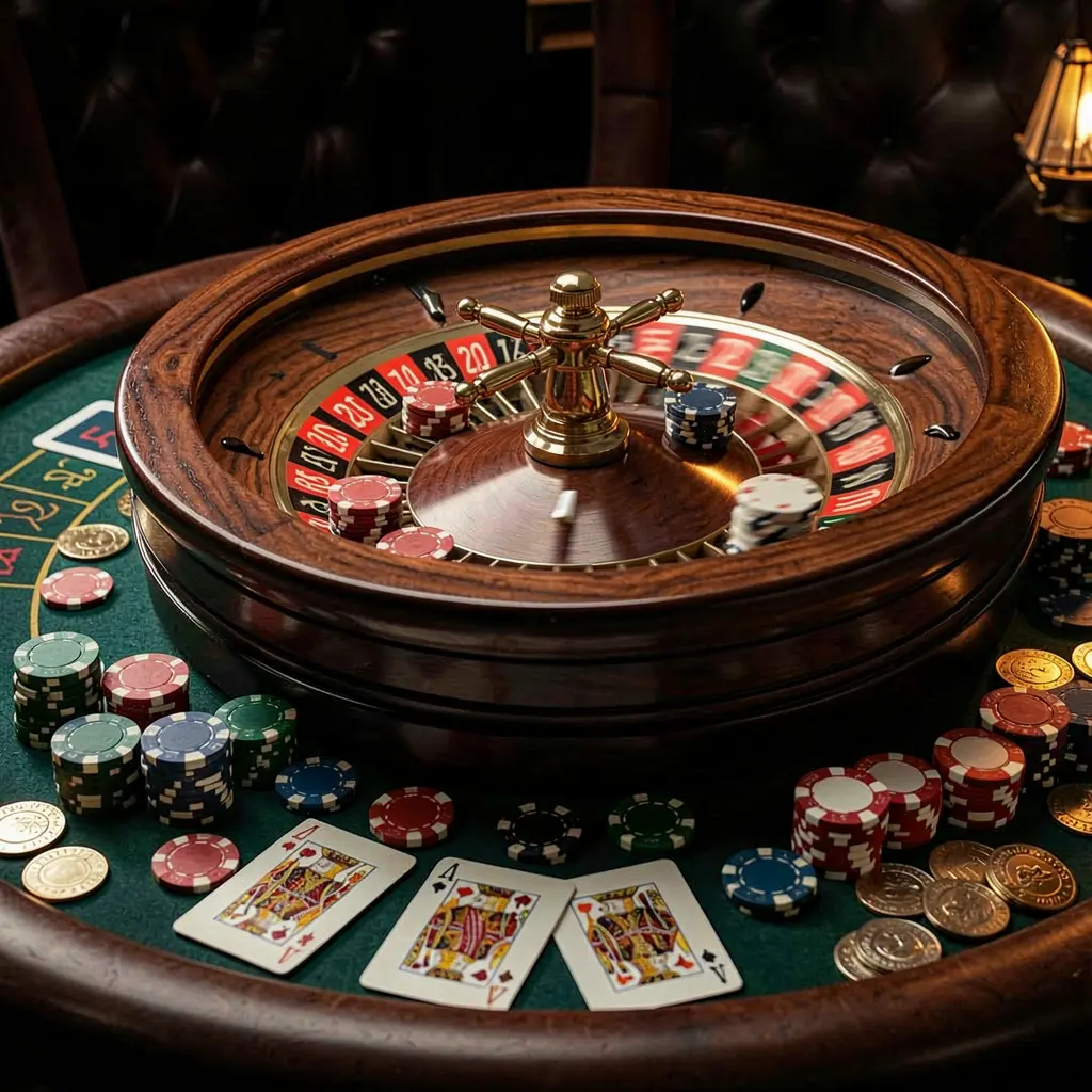 EX66 classic casino scene featuring a spinning roulette wheel, scattered chips, playing cards, and coins on an elegant dark table with cinematic lighting