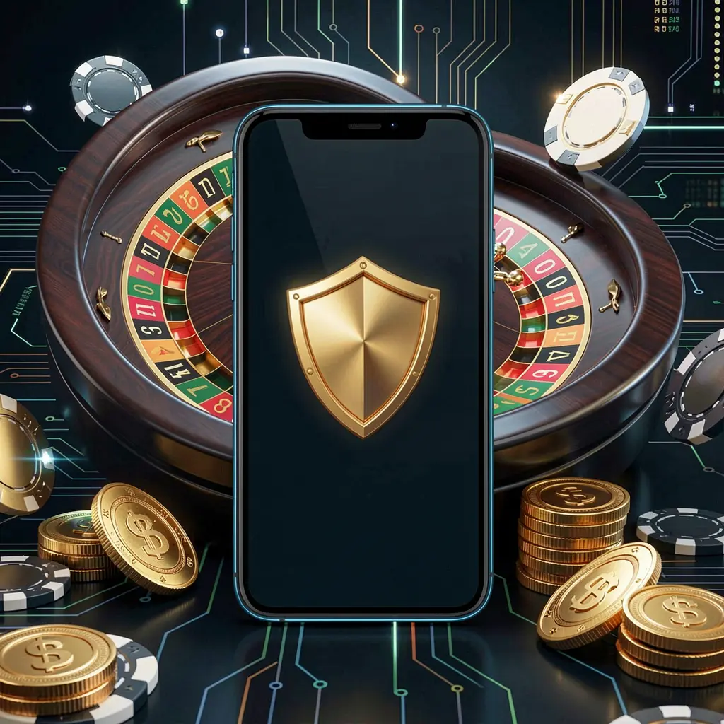 EX66 secure mobile casino login screen showing a phone with a shield icon, roulette wheel, poker chips, and golden coins in a dark cyber luxury atmosphere