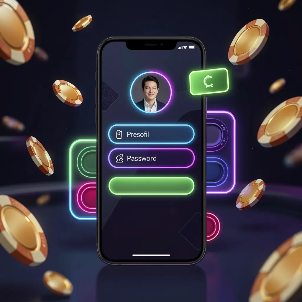 EX66 mobile casino login screen on a phone with abstract UI shapes for user profile and password fields, neon glow effects, chips and coins flying around in a dark premium casino atmosphere